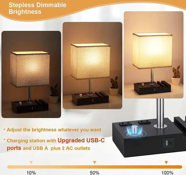 Alt view image 3 of 6 - Fully Dimmable Nightstand Lamp for Bedroom with USB C Ports, Grey Small USB Bedside Table Lamp with Charging Outlets and Phone Stands, Wooden Desk Lamp for Living Room, LED Bulb Included