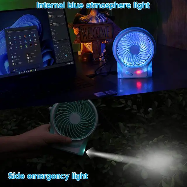 Alt view image 4 of 6 - CORN 3 Speeds Mini Desk Fan, Rechargeable Battery Operated Fan with LED Light, Portable USB Fan Quiet for Home, Office, Travel, Camping, Outdoor, Indoor Fan, 4.9-Inch, Blue