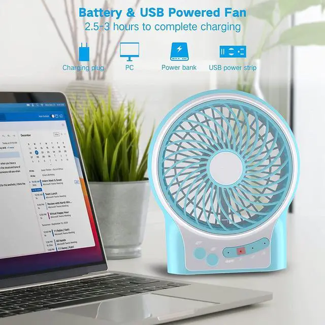 Alt view image 6 of 6 - CORN 3 Speeds Mini Desk Fan, Rechargeable Battery Operated Fan with LED Light, Portable USB Fan Quiet for Home, Office, Travel, Camping, Outdoor, Indoor Fan, 4.9-Inch, Blue