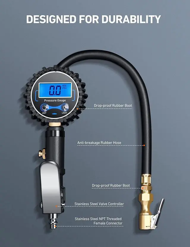 Alt view image 4 of 6 - CORN Digital Tire Inflator with Pressure Gauge, 250 PSI Air Chuck and Compressor Accessories Heavy Duty with Rubber Hose and Quick Connect Coupler Car Accessories for 0.1 Display Resolution