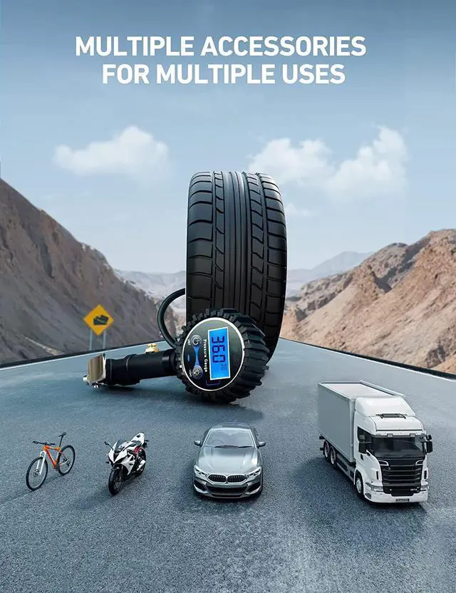 Alt view image 6 of 6 - CORN Digital Tire Inflator with Pressure Gauge, 250 PSI Air Chuck and Compressor Accessories Heavy Duty with Rubber Hose and Quick Connect Coupler Car Accessories for 0.1 Display Resolution