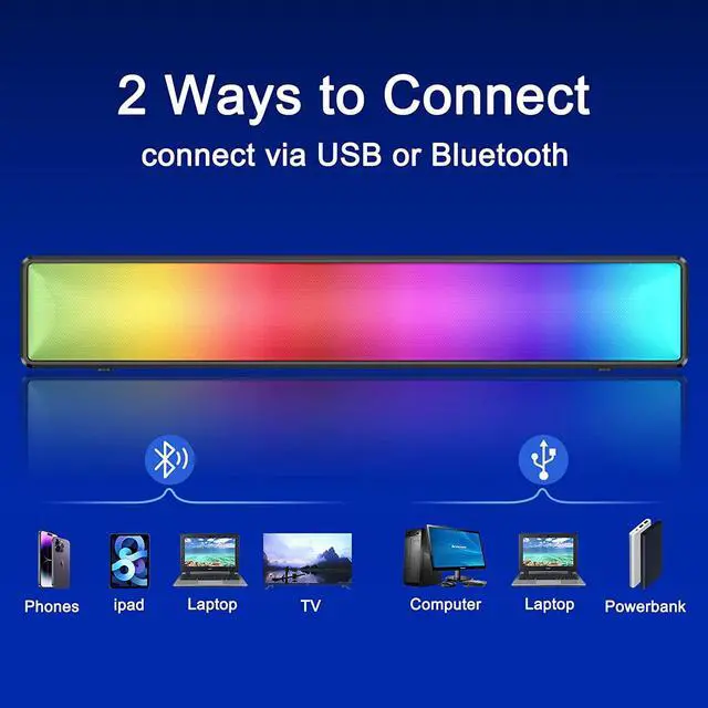 Alt view image 4 of 6 - Computer Speakers for Desktop Bluetooth Wireless,Computer Soundbar with 5 RGB Light Modes for Gaming Monitor,USB Powered PC Speakers with Stereo Sound, Soundbar for TV, Easy Button Control