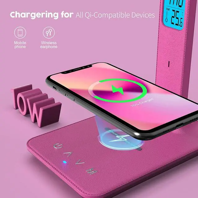 Alt view image 4 of 6 - Corn Desk Lamp, LED Desk Lamp with Wireless Charger, USB Charging Port, Table Lamp with Clock, Alarm, Date, Temperature, Office Lamp, Desk Lamps for Home Office,Pink