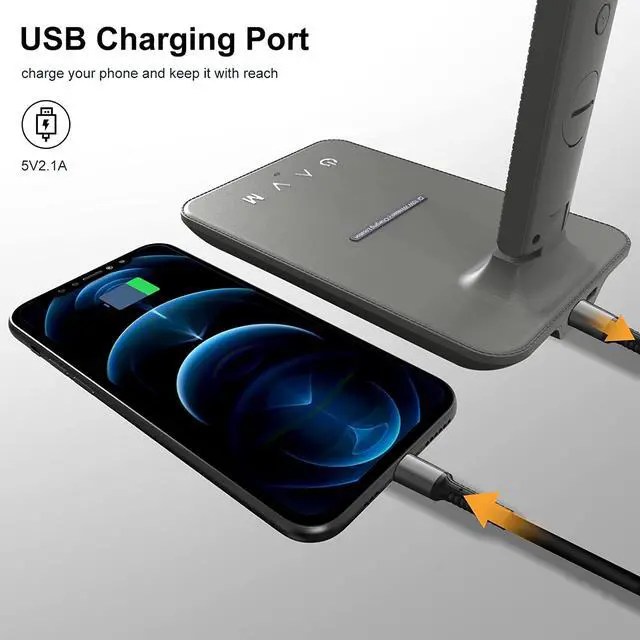 Alt view image 6 of 6 - Corn Desk Lamp, LED Desk Lamp with Wireless Charger, USB Charging Port, Table Lamp with Clock, Alarm, Date, Temperature, Office Lamp, Desk Lamps for Home Office,Grey