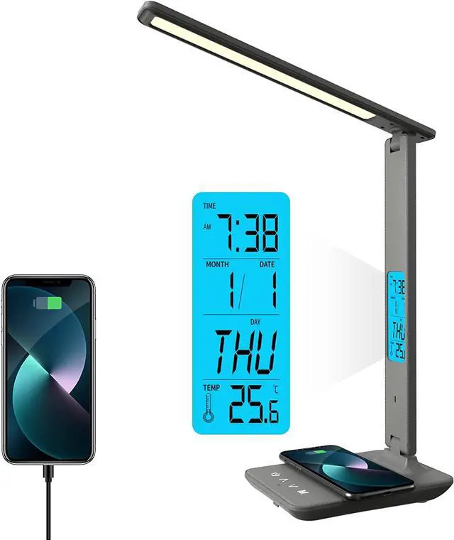 Main image of Corn Desk Lamp, LED Desk Lamp with Wireless Charger, USB Charging Port, Table Lamp with Clock, Alarm, Date, Temperature, Office Lamp, Desk Lamps for Home Office,Grey
