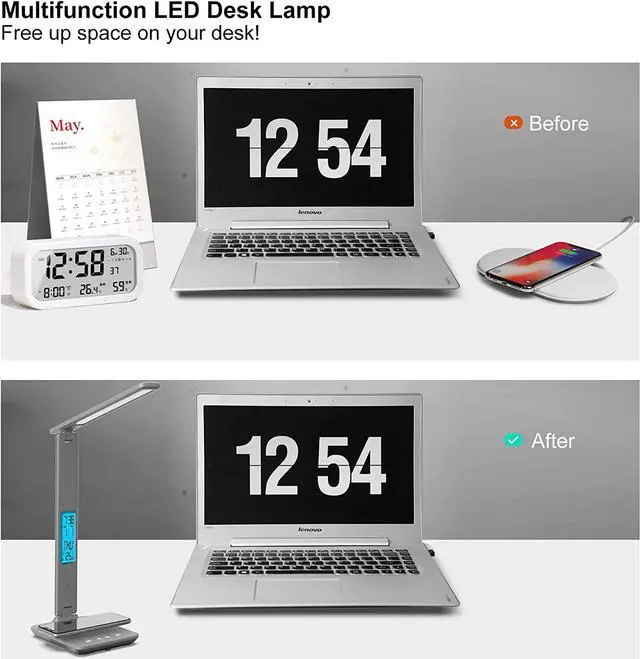 Alt view image 2 of 6 - Corn Desk Lamp, LED Desk Lamp with Wireless Charger, USB Charging Port, Table Lamp with Clock, Alarm, Date, Temperature, Office Lamp, Desk Lamps for Home Office,Grey
