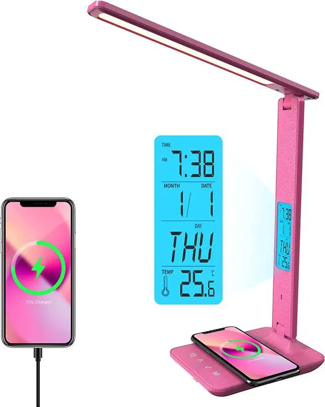 Main image of Corn Desk Lamp, LED Desk Lamp with Wireless Charger, USB Charging Port, Table Lamp with Clock, Alarm, Date, Temperature, Office Lamp, Desk Lamps for Home Office,Pink