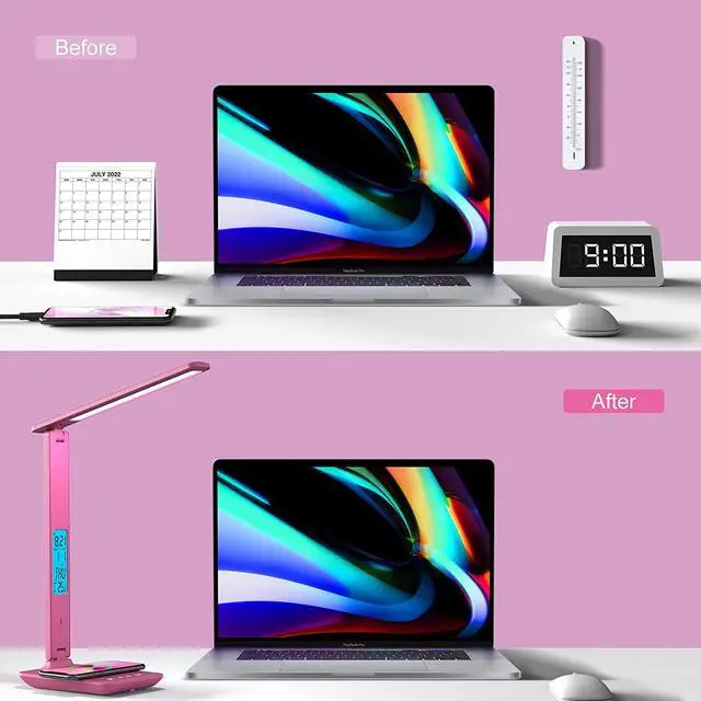 Alt view image 2 of 6 - Corn Desk Lamp, LED Desk Lamp with Wireless Charger, USB Charging Port, Table Lamp with Clock, Alarm, Date, Temperature, Office Lamp, Desk Lamps for Home Office,Pink