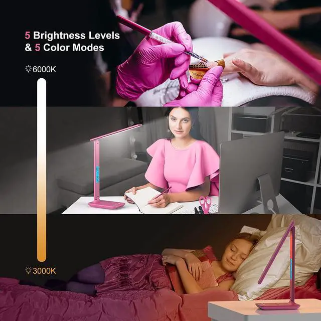 Alt view image 6 of 6 - Corn Desk Lamp, LED Desk Lamp with Wireless Charger, USB Charging Port, Table Lamp with Clock, Alarm, Date, Temperature, Office Lamp, Desk Lamps for Home Office,Pink