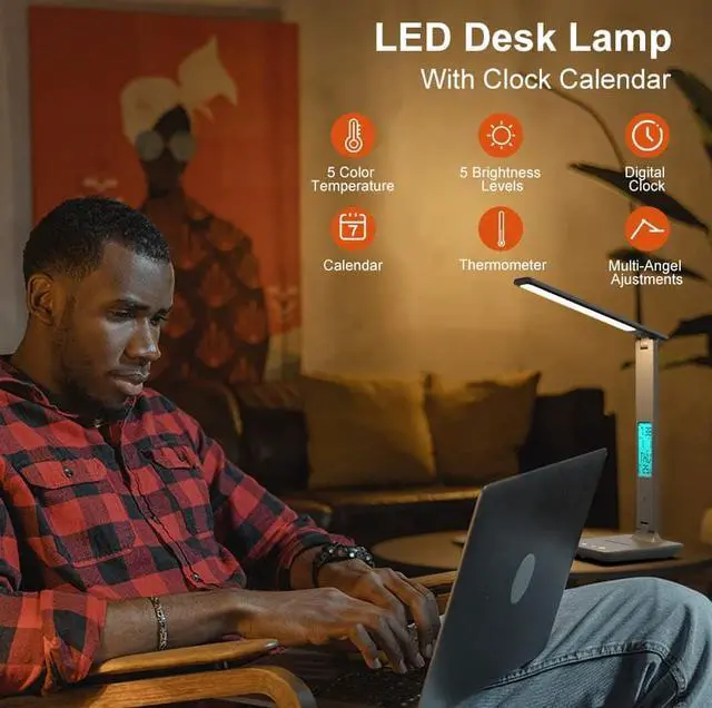Alt view image 4 of 6 - Corn Desk Lamp, LED Desk Lamp with Wireless Charger, USB Charging Port, Table Lamp with Clock, Alarm, Date, Temperature, Office Lamp, Desk Lamps for Home Office,Grey