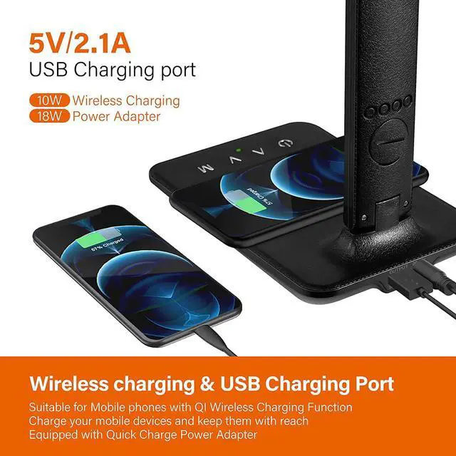Alt view image 5 of 7 - Corn Desk Lamp, LED Desk Lamp with Wireless Charger, USB Charging Port, Table Lamp with Clock, Alarm, Date, Temperature, Office Lamp, Desk Lamps for Home Office,Black