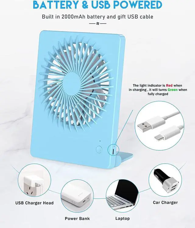 Alt view image 4 of 6 - CORN Desk Fan Battery Operated Fan Rechargeable 180°Tilt Folding Personal Fan Ultra Quiet Small Portable Fan 3 Speed Adjustable Strong Wind USB Fan For Office Bedroom Home Desktop Camping Blue