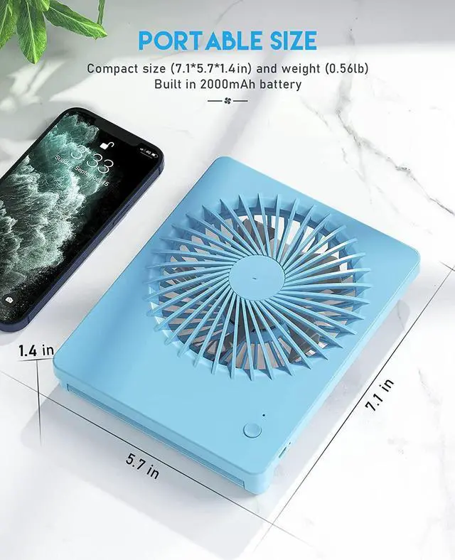 Alt view image 2 of 6 - CORN Desk Fan Battery Operated Fan Rechargeable 180°Tilt Folding Personal Fan Ultra Quiet Small Portable Fan 3 Speed Adjustable Strong Wind USB Fan For Office Bedroom Home Desktop Camping Blue