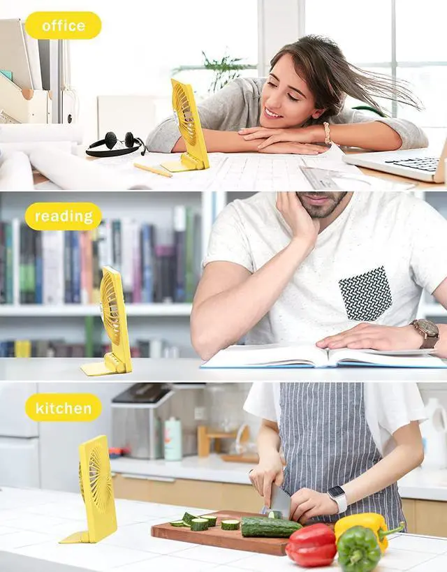 Alt view image 2 of 6 - CORN Desk Fan Battery Operated Fan Rechargeable 180°Tilt Folding Personal Fan Ultra Quiet Small Portable Fan 3 Speed Adjustable Strong Wind USB Fan For Office Bedroom Home Desktop Camping Yellow
