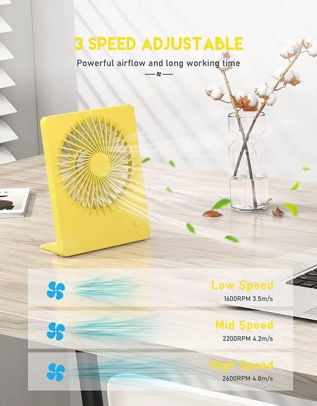 Alt view image 5 of 6 - CORN Desk Fan Battery Operated Fan Rechargeable 180°Tilt Folding Personal Fan Ultra Quiet Small Portable Fan 3 Speed Adjustable Strong Wind USB Fan For Office Bedroom Home Desktop Camping Yellow