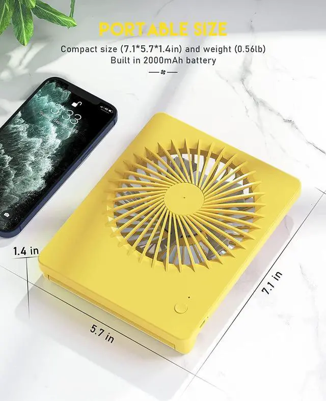 Alt view image 3 of 6 - CORN Desk Fan Battery Operated Fan Rechargeable 180°Tilt Folding Personal Fan Ultra Quiet Small Portable Fan 3 Speed Adjustable Strong Wind USB Fan For Office Bedroom Home Desktop Camping Yellow