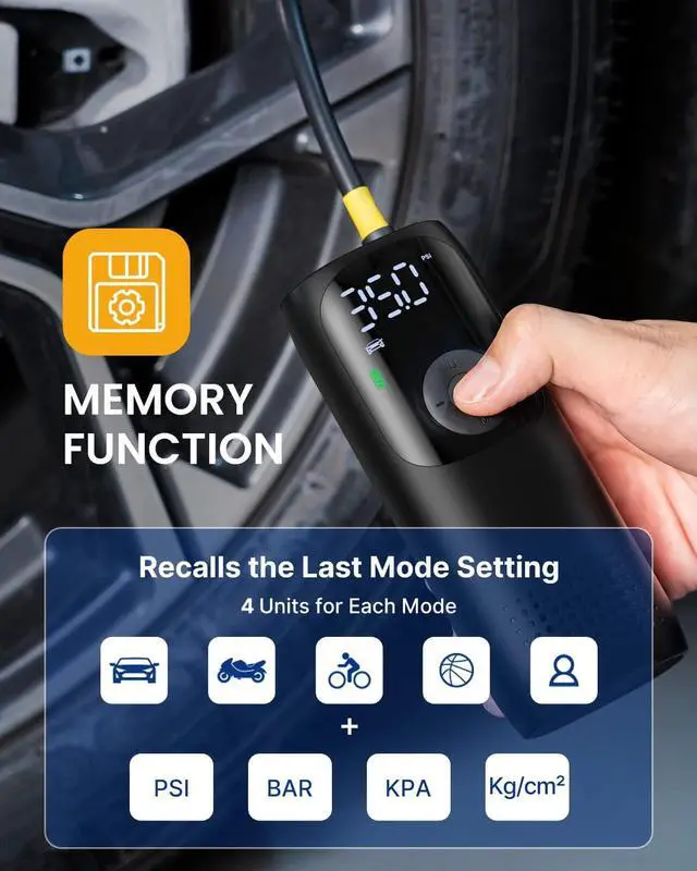 Alt view image 3 of 7 - CORN Portable Air Compressor Cordless Tire Inflator, 150PSI Bike Pump with Gauge Fits Car/Bicycle/Motorcycle Tires and Balls, Basketball Pump, Compresor de Aire para Carro, 4000mAh Battery, Auto Stop