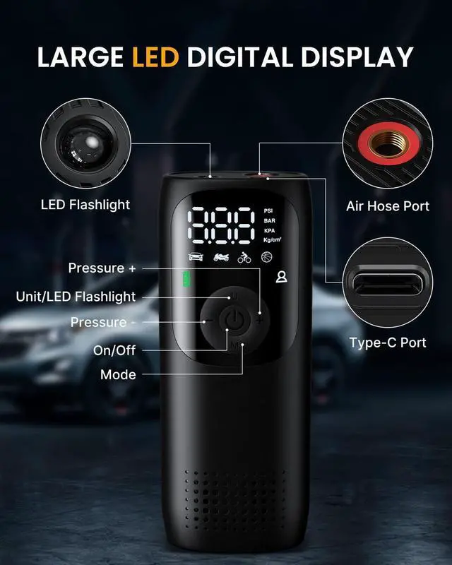 Alt view image 2 of 7 - CORN Portable Air Compressor Cordless Tire Inflator, 150PSI Bike Pump with Gauge Fits Car/Bicycle/Motorcycle Tires and Balls, Basketball Pump, Compresor de Aire para Carro, 4000mAh Battery, Auto Stop