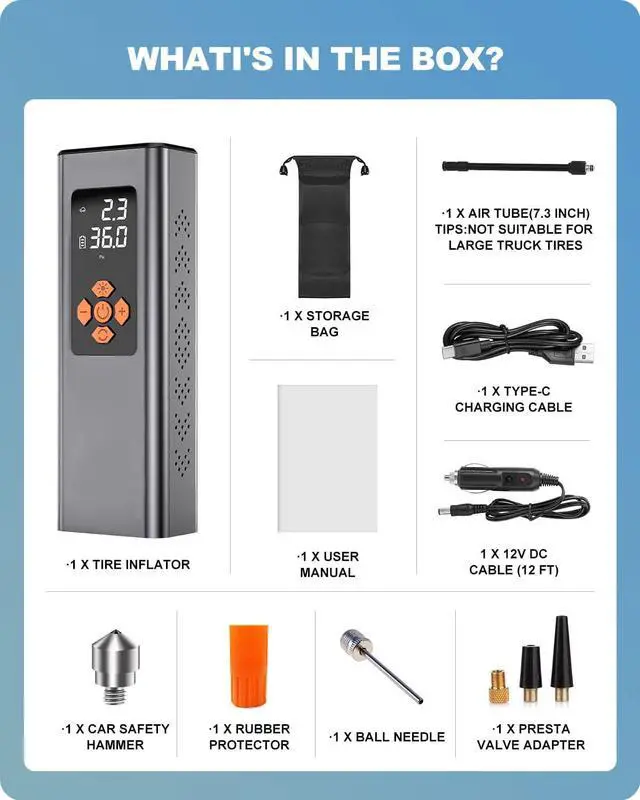 Alt view image 7 of 7 - Portable Tire Inflator, CORN 150PSI Small Air Compressor 2X Faster Mini Cordless Air Pump for Car Tires Compact Auto Wheel Bike Mini Tire Pump