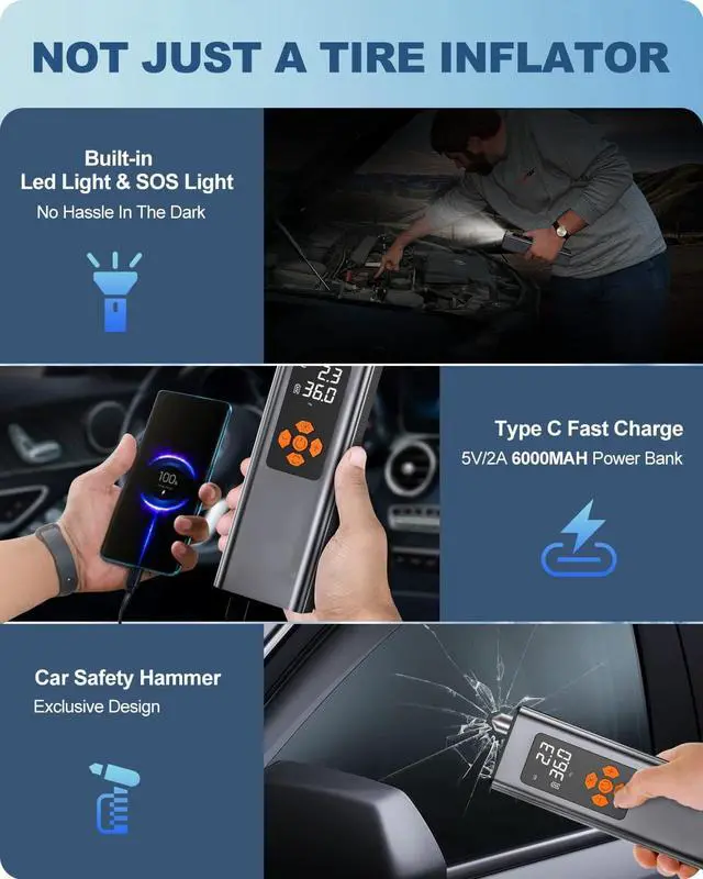Alt view image 5 of 7 - Portable Tire Inflator, CORN 150PSI Small Air Compressor 2X Faster Mini Cordless Air Pump for Car Tires Compact Auto Wheel Bike Mini Tire Pump