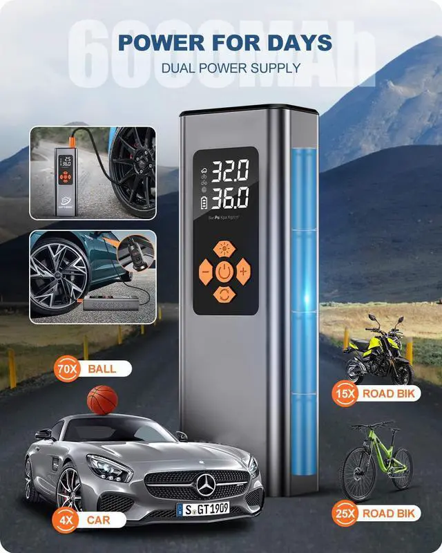 Alt view image 2 of 7 - Portable Tire Inflator, CORN 150PSI Small Air Compressor 2X Faster Mini Cordless Air Pump for Car Tires Compact Auto Wheel Bike Mini Tire Pump