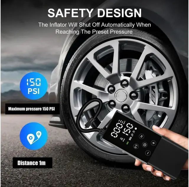 Alt view image 6 of 7 - CORN Portable Air Compressor Cordless Tire Inflator, Rechargeable Handheld 150 PSI Tire Inflator Car Air Pump with LED Flash Light, 4000mAh Battery, Auto Stop