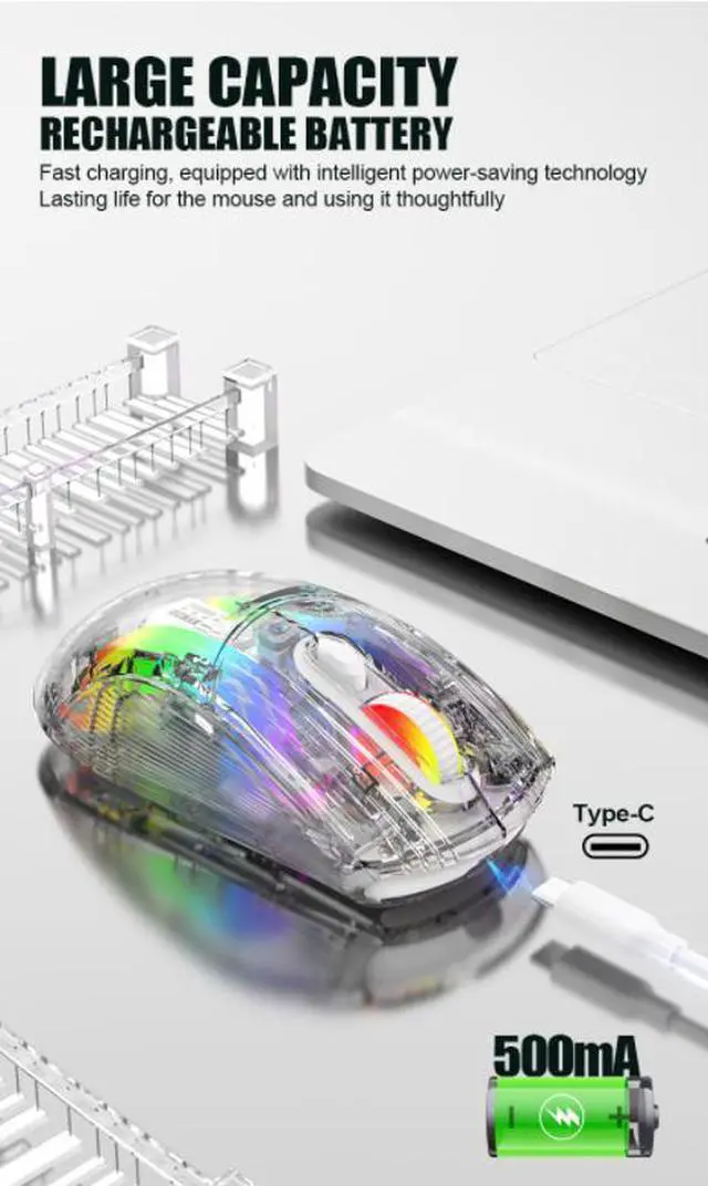 Alt view image 2 of 7 - Corn 2.4G wireless/BT wireless/USB wired gaming Mice with Transparent Crystal Shell,Silent Click,RGB Backlit,2400 DPI-White