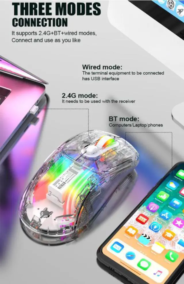 Alt view image 6 of 7 - Corn 2.4G wireless/BT wireless/USB wired gaming Mice with Transparent Crystal Shell,Silent Click,RGB Backlit,2400 DPI-White