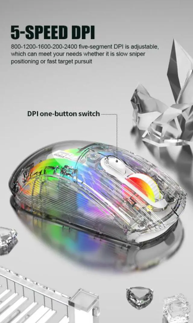 Alt view image 7 of 7 - Corn 2.4G wireless/BT wireless/USB wired gaming Mice with Transparent Crystal Shell,Silent Click,RGB Backlit,2400 DPI-White