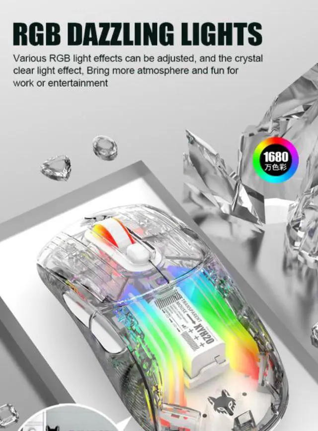 Alt view image 4 of 7 - Corn 2.4G wireless/BT wireless/USB wired gaming Mice with Transparent Crystal Shell,Silent Click,RGB Backlit,2400 DPI-White