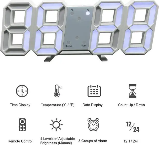 Alt view image 4 of 4 - CORN 3D LED Wall Clock Brightness Adjustable Table Clock with Remote Control Time/Date Temperature Display Digital Alarm Clock for Home Office and Bedroom