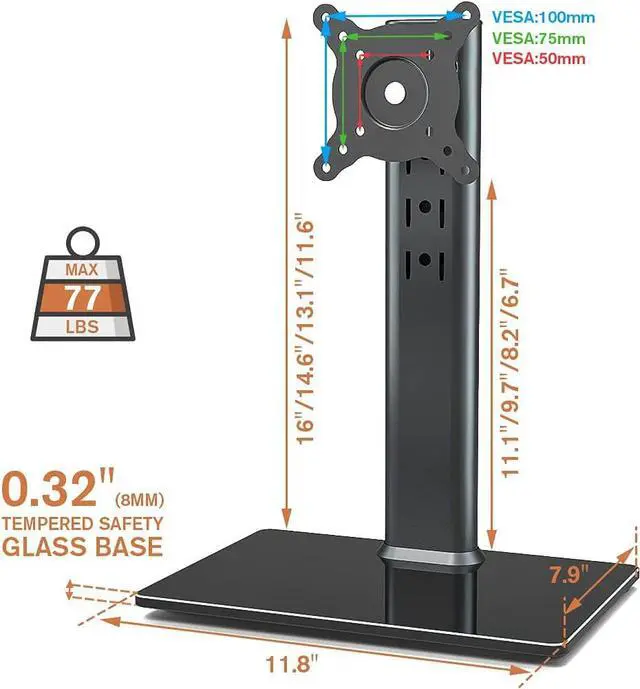 Alt view image 2 of 7 - Single LCD Computer Monitor Free-Standing Desk Stand Mount Riser for 13 inch to 32 inch Screen with Swivel, Height Adjustable, Rotation, Vesa Base Stand Holds One (1) Screen up to 77Lbs(HT05B-001))