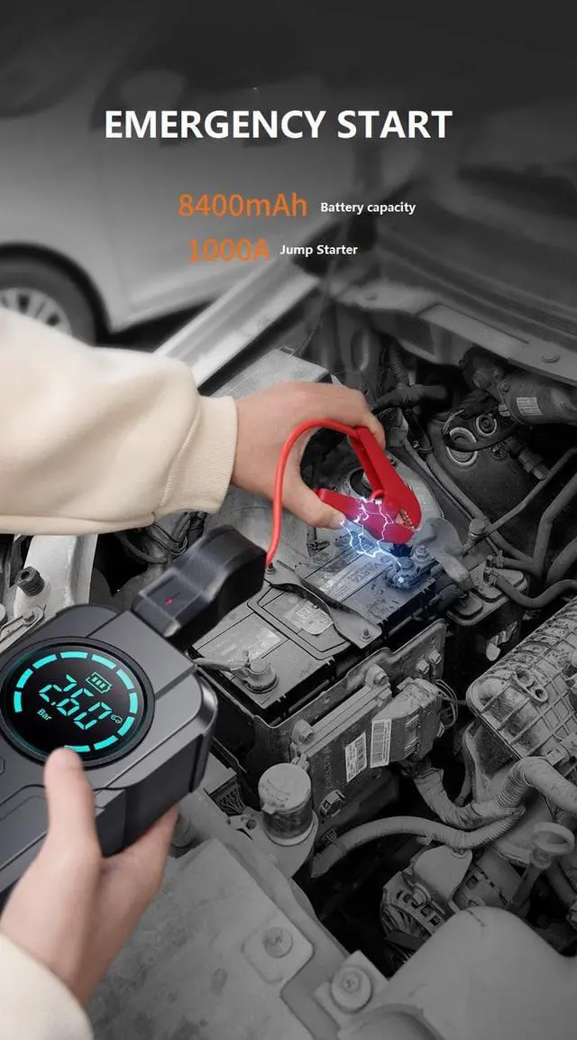 Alt view image 4 of 7 - CORN 1000A 8400mAh Jump Starter with Inflator Pump for Starting Vehicles, 12V Car Battery Booster for 4.0L Diesel&2.5L Gas Engines, 4 in 1 Fast Start, Inflation, Lighting and Wireless Charging, Safe&M