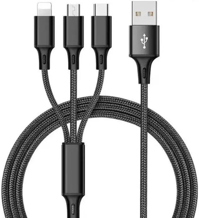 Alt view image 2 of 7 - 3 in 1 USB Long Charger Cable, Fast Braided Charging Cord, Universal Multiple Ports Long Charging Cable with USB C/Micro USB/Lightning Connector Gray 3.3 ft.