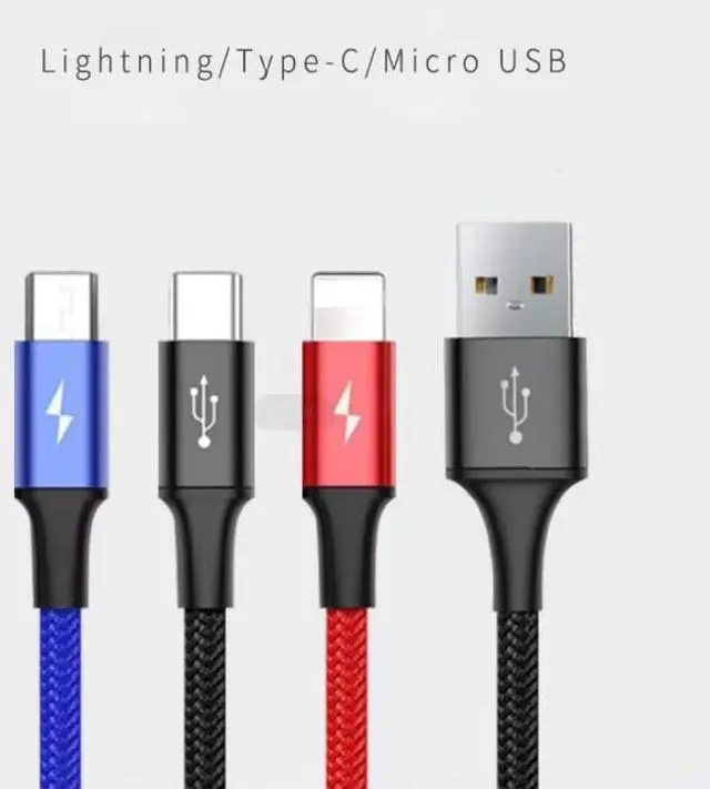 Alt view image 4 of 7 - 3 in 1 USB Long Charger Cable, Fast Braided Charging Cord, Universal Multiple Ports Long Charging Cable with USB C/Micro USB/Lightning Connector Gray 3.3 ft.