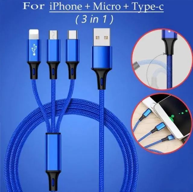 Alt view image 5 of 7 - 3 in 1 USB Long Charger Cable, Fast Braided Charging Cord, Universal Multiple Ports Long Charging Cable with USB C/Micro USB/Lightning Connector Gray 3.3 ft.