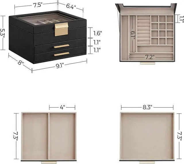 Alt view image 2 of 7 - Jewelry Box with Glass Lid, 3-Layer Jewelry Organizer, 2 Drawers, Jewelry Storage, Lots of Storage Space, Modern, Gift Idea, 8 x 9.1 x 5.3 Inches, Cloud White and Gold Color UJBC239WT Black