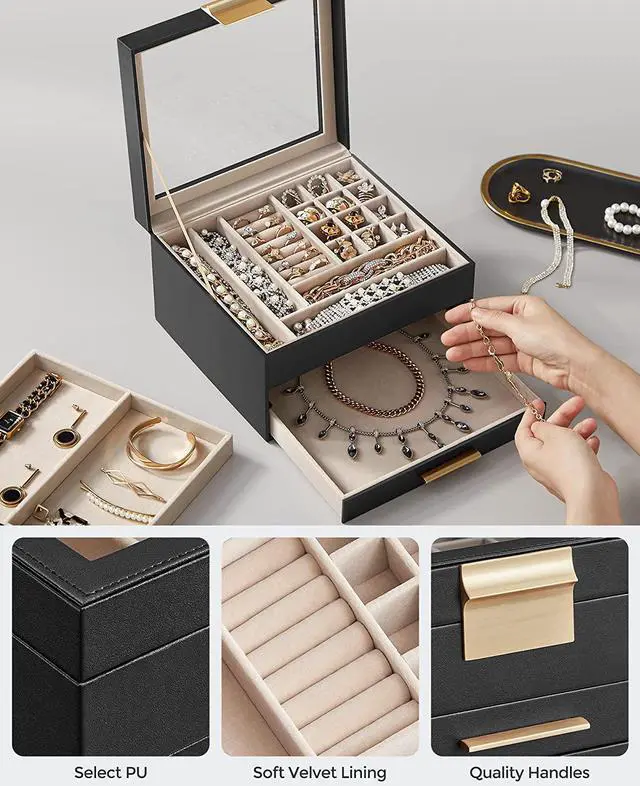 Alt view image 4 of 7 - Jewelry Box with Glass Lid, 3-Layer Jewelry Organizer, 2 Drawers, Jewelry Storage, Lots of Storage Space, Modern, Gift Idea, 8 x 9.1 x 5.3 Inches, Cloud White and Gold Color UJBC239WT Black