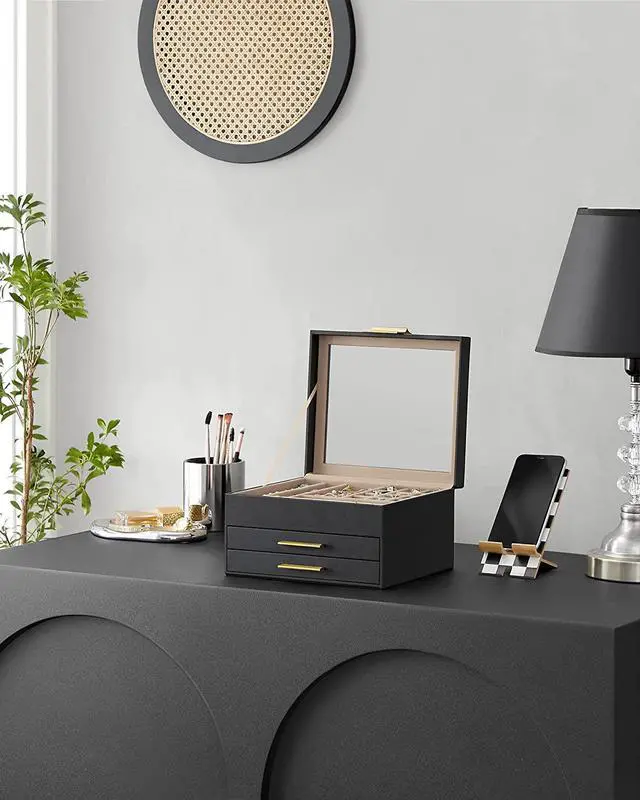 Alt view image 6 of 7 - Jewelry Box with Glass Lid, 3-Layer Jewelry Organizer, 2 Drawers, Jewelry Storage, Lots of Storage Space, Modern, Gift Idea, 8 x 9.1 x 5.3 Inches, Cloud White and Gold Color UJBC239WT Black