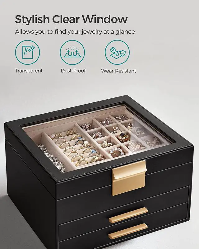 Alt view image 5 of 7 - Jewelry Box with Glass Lid, 3-Layer Jewelry Organizer, 2 Drawers, Jewelry Storage, Lots of Storage Space, Modern, Gift Idea, 8 x 9.1 x 5.3 Inches, Cloud White and Gold Color UJBC239WT Black