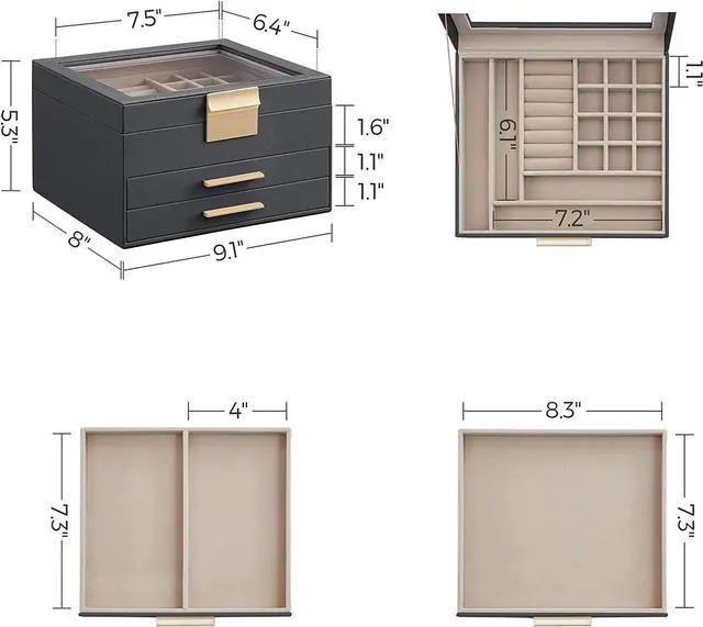 Alt view image 5 of 7 - Jewelry Box with Glass Lid, 3-Layer Jewelry Organizer, 2 Drawers, Jewelry Storage, Lots of Storage Space, Modern, Gift Idea, 8 x 9.1 x 5.3 Inches, Cloud White and Gold Color UJBC239WT Grey