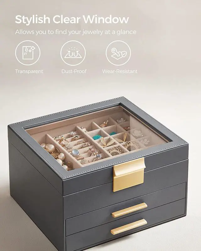 Alt view image 4 of 7 - Jewelry Box with Glass Lid, 3-Layer Jewelry Organizer, 2 Drawers, Jewelry Storage, Lots of Storage Space, Modern, Gift Idea, 8 x 9.1 x 5.3 Inches, Cloud White and Gold Color UJBC239WT Grey