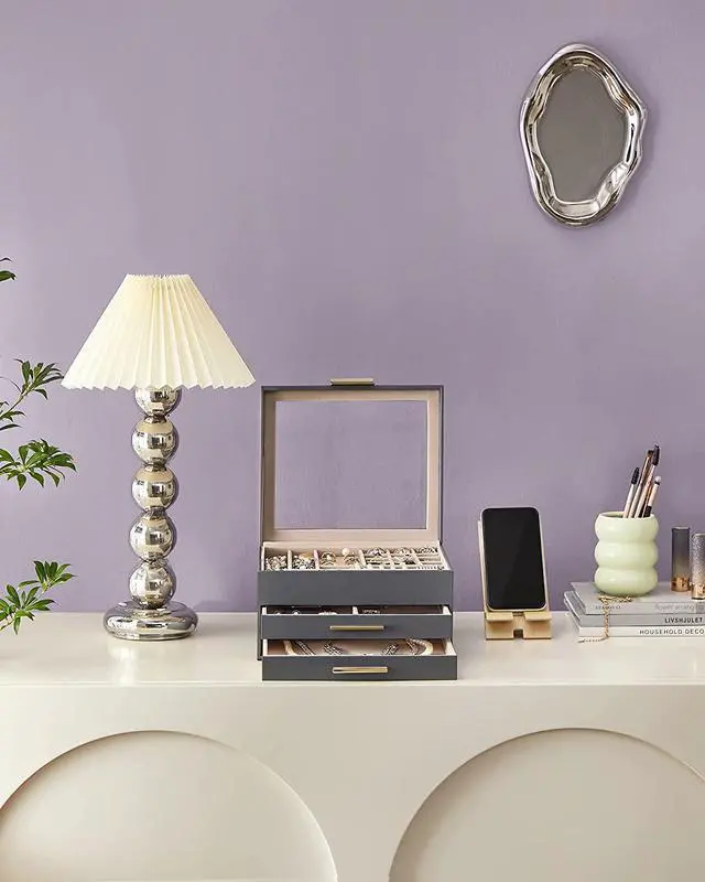 Alt view image 3 of 7 - Jewelry Box with Glass Lid, 3-Layer Jewelry Organizer, 2 Drawers, Jewelry Storage, Lots of Storage Space, Modern, Gift Idea, 8 x 9.1 x 5.3 Inches, Cloud White and Gold Color UJBC239WT Grey