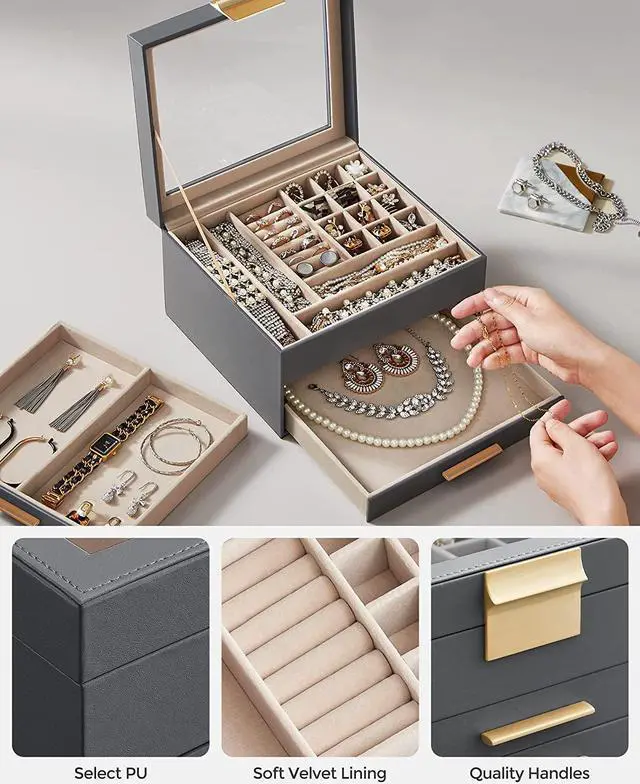 Alt view image 6 of 7 - Jewelry Box with Glass Lid, 3-Layer Jewelry Organizer, 2 Drawers, Jewelry Storage, Lots of Storage Space, Modern, Gift Idea, 8 x 9.1 x 5.3 Inches, Cloud White and Gold Color UJBC239WT Grey
