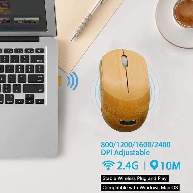 Alt view image 4 of 6 - Wireless Mouse for Laptop, 2.4G Cordless Portable Computer Bamboo Mice Silent Clicking with 4 Adjustable DPI for PC Notebook Desktop MacBook with USB Ports