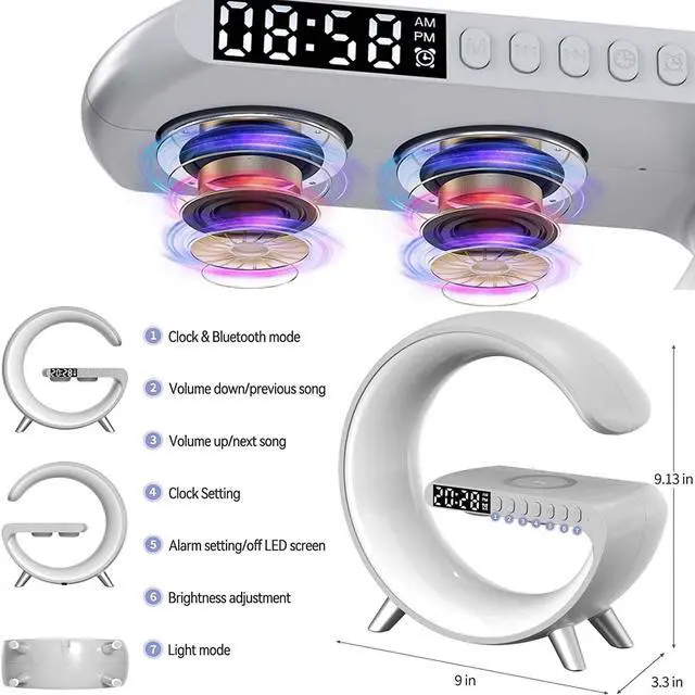 Alt view image 4 of 6 - CORN 4 in 1 Wireless Charger Small Night Light,Bluetooth Speaker Alarm Clock, Wireless Charger Portable Bluetooth Speaker Light Smart Alarm Clock, Wireless Charging Nightstand Light