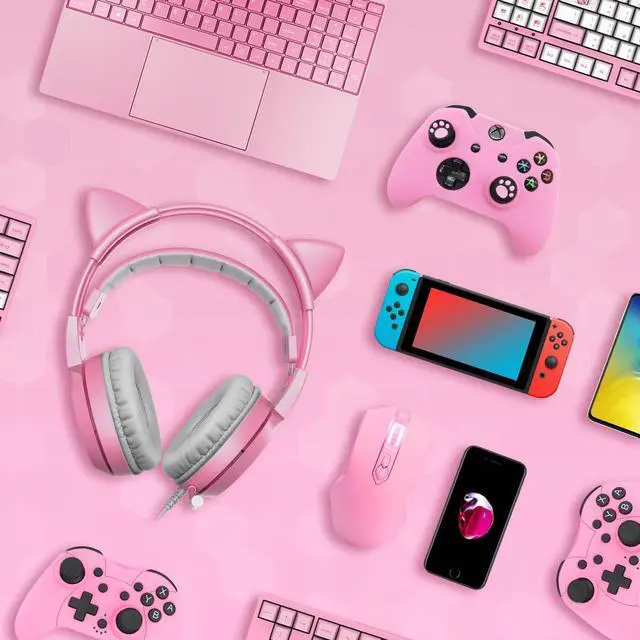 Alt view image 4 of 6 - G951s Pink Stereo Gaming Headset with Mic for PS4,Xbox,PC,Mobile Phone,3.5mm Noise Reduction Cat Ear Headphones Lightweight Over Ear Headphones