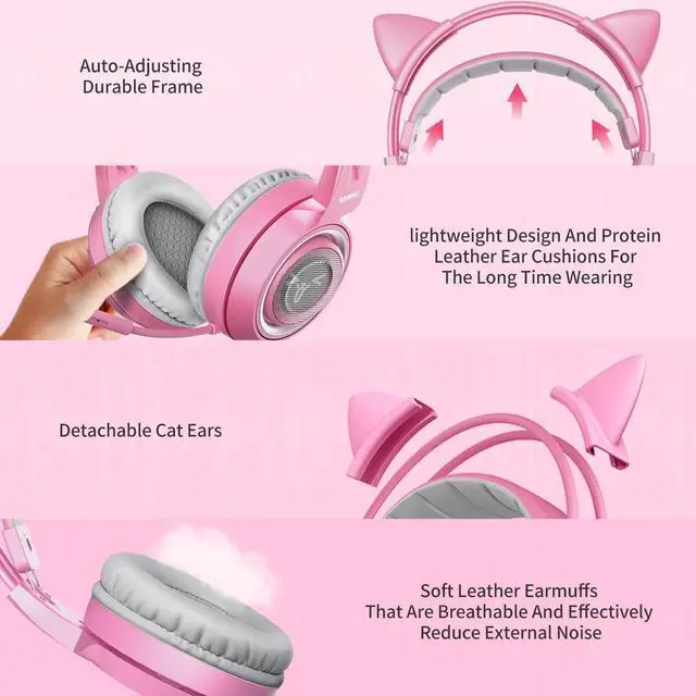 Alt view image 3 of 6 - G951s Pink Stereo Gaming Headset with Mic for PS4,Xbox,PC,Mobile Phone,3.5mm Noise Reduction Cat Ear Headphones Lightweight Over Ear Headphones