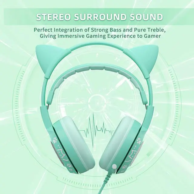 Alt view image 2 of 6 - G951s Green Stereo Gaming Headset with Mic for PS4,Xbox,PC,Mobile Phone,3.5mm Noise Reduction Cat Ear Headphones Lightweight Over Ear Headphones