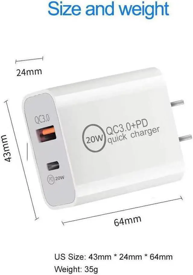 Alt view image 7 of 7 - 2pack QC3.0 Wall Charger Travel Charger Adapter Dual USB Port QC+PD 20W Fast Charging Power Plug for iPhone Samsung Galaxy LG Moto Google Pixel Kindle PS HTC Vivo Oneplus